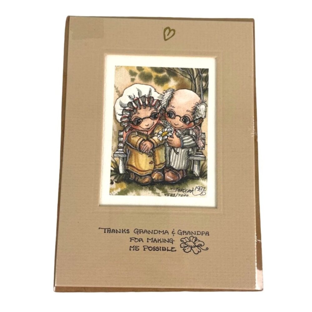 Vintage Jody Bergsma Art Print Thanks Grandma Grandpa Cartoon Drawing 4553 1982